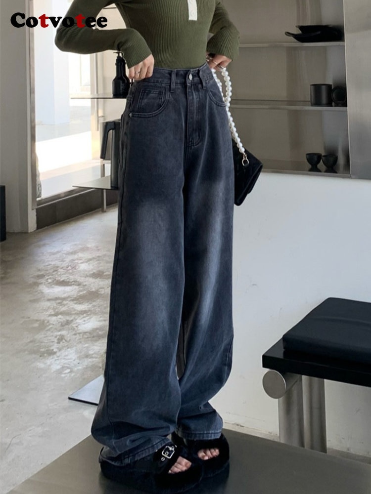 Yitimuceng Jeans Woman  Fashion High Waisted Jeans Vintage Streetwear Washed Straight Wide Leg Jeans Full Length Y2k Pants
